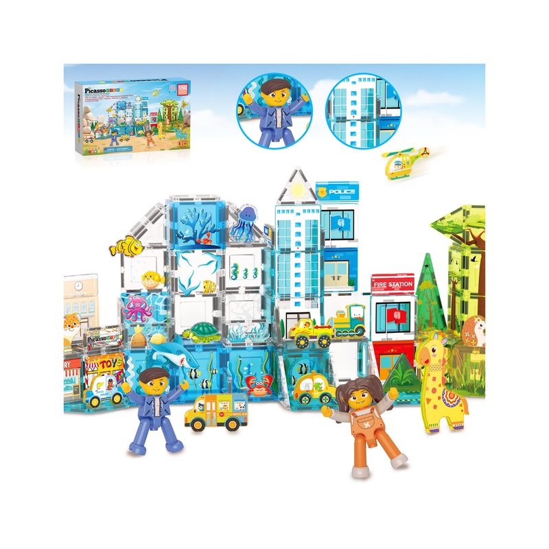 3-in-1 Magnetic Tiles Aquarium, Safari, and Metro Set -150 Pieces