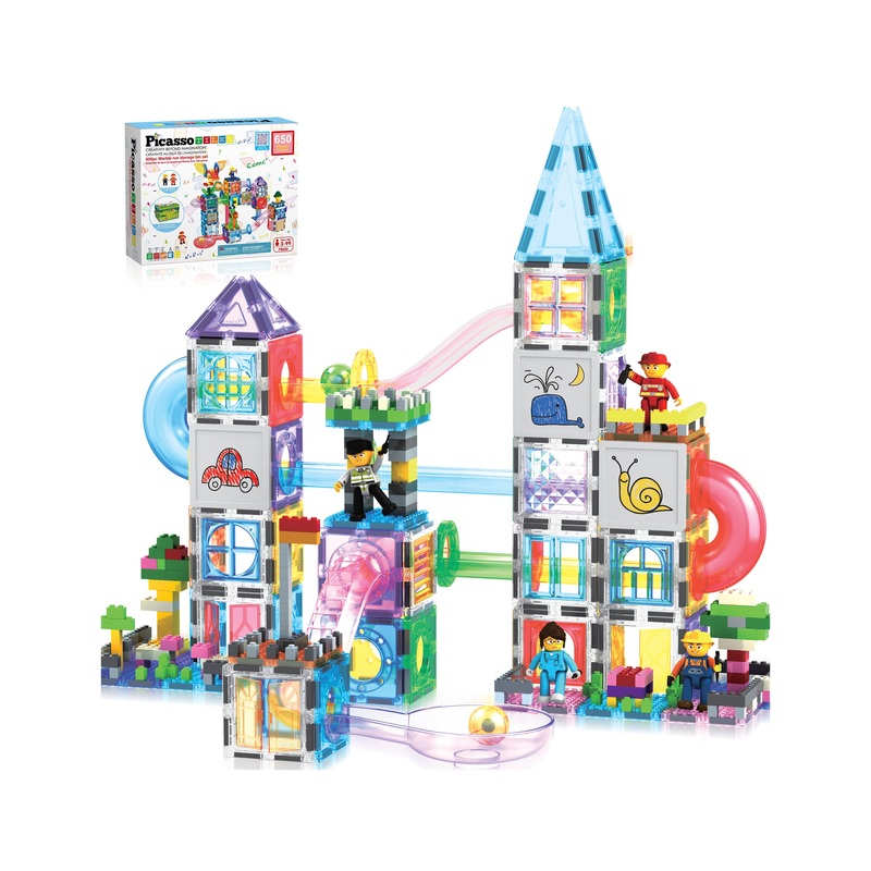3-in-1 Marble Run, Magnetic Tiles, and Interlocking Bricks Set with Storage Bin – 650 Pieces