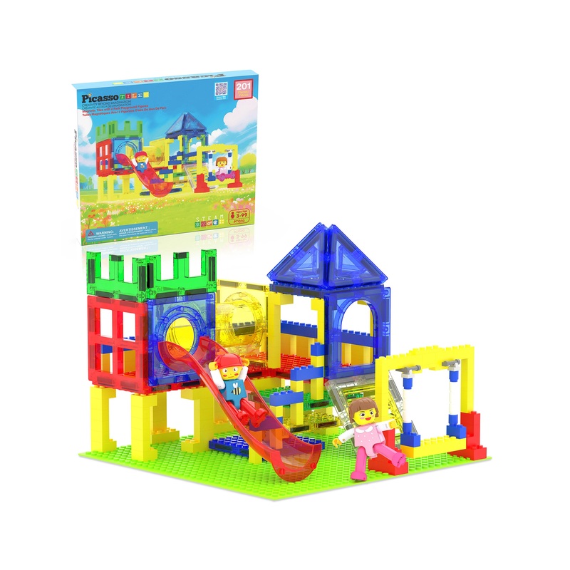 Magnetic Building Blocks Playground Set with Action Figure Characters