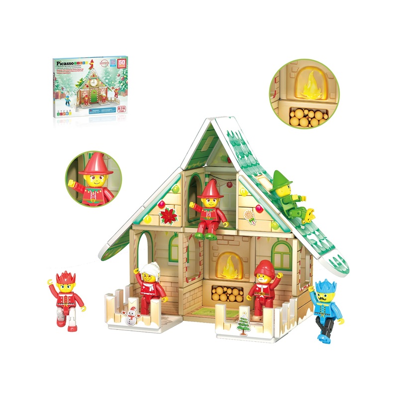 Magnetic Tiles Christmas Cottage Set with Character Action Figures – 50 Pieces