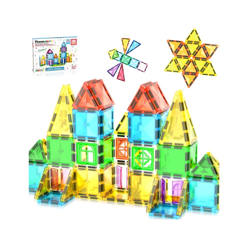 Travel Size Magnetic Tiles Toy with Windows and Clip-On Doors – 48 Pieces